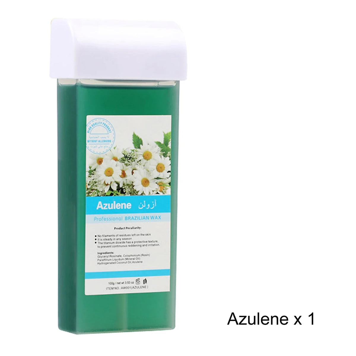 Azulene waxing wax bottle with white cap and floral label, green liquid on Tampa Home & Garden Store
