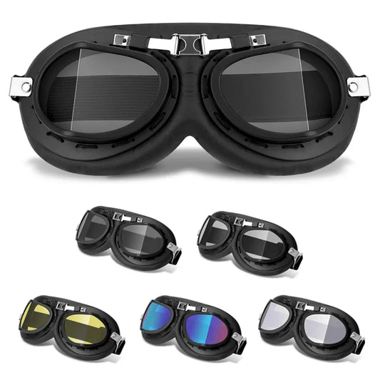 Motorcycle Leather Retro Goggles BikerZoneZ, black leather frame set of 6 lens colors on Tampa Home & Garden Store