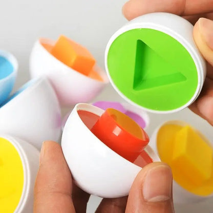 Montessori egg shape puzzle set with white shells and bright colored interior pieces on Tampa Home & Garden Store