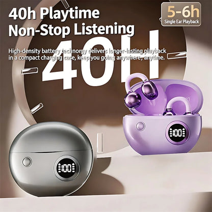 Open wireless ear clip Bluetooth headset with 9D surround stereo in gray purple cases on Tampa Home & Garden Store