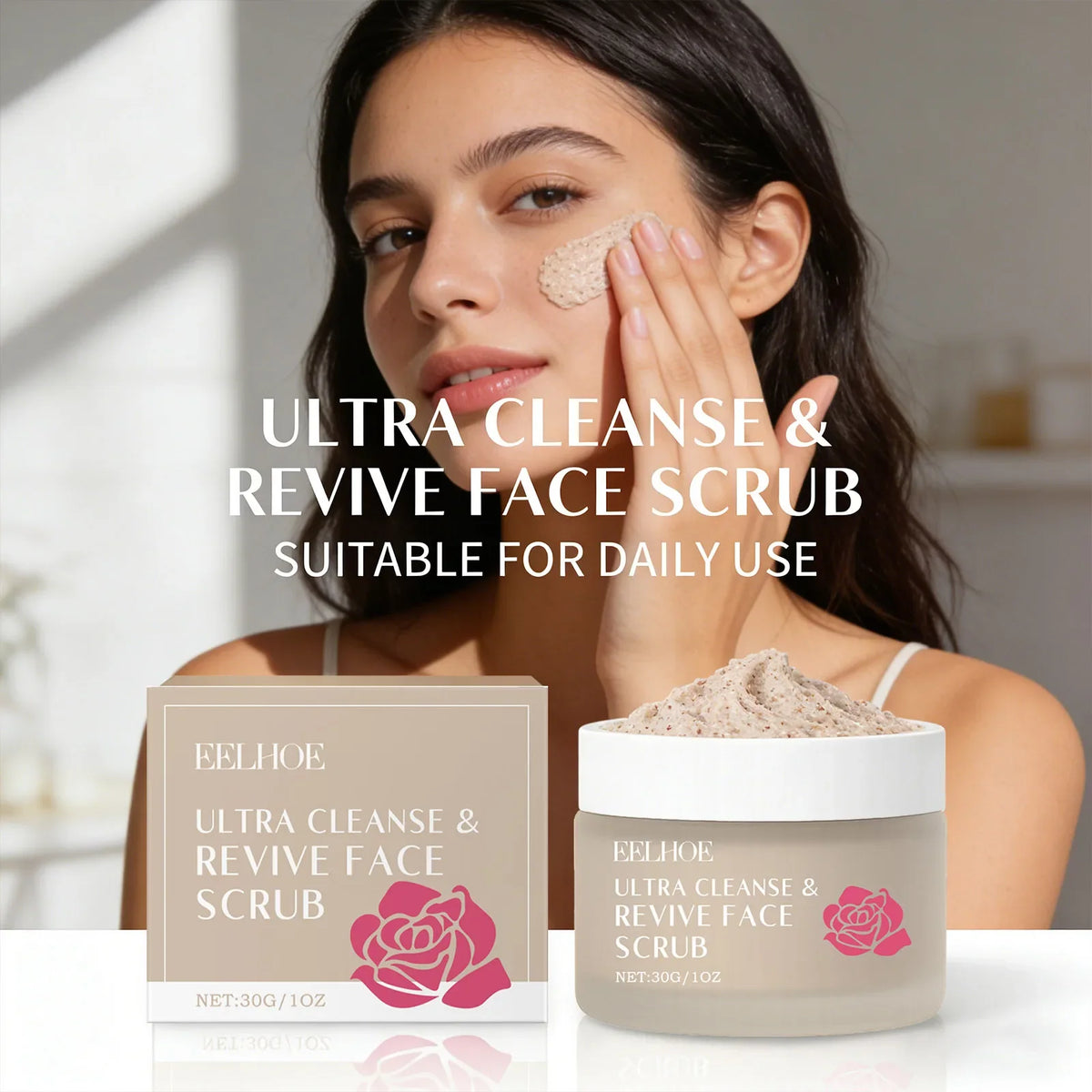 Ultra Cleanse & Revive Face Scrub by Silcy Skin jar and beige box with pink rose graphic on Tampa Home & Garden Store