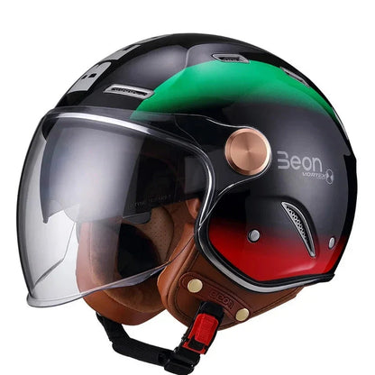 Retro Motorcycle Helmet open-face by BikerZoneZ, black with green copper dial, clear visor on Tampa Home & Garden Store