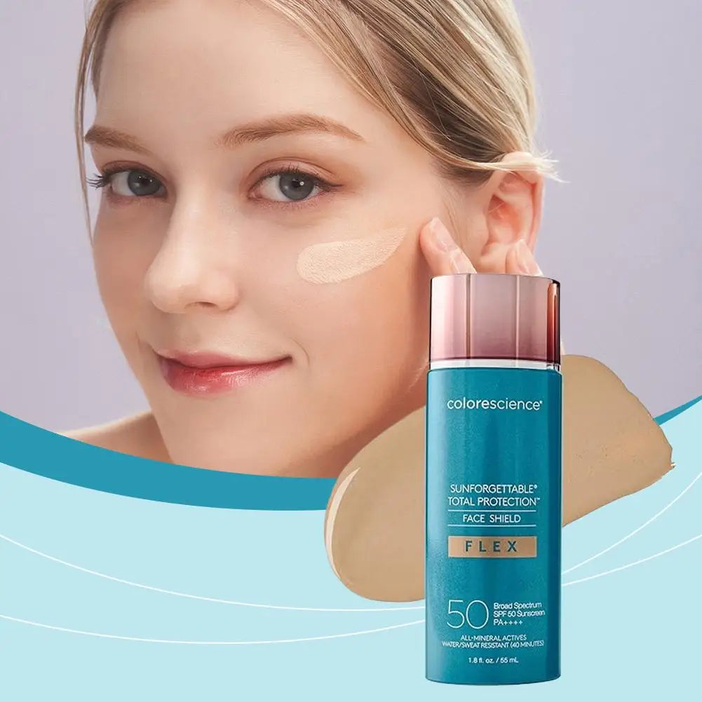 Colorescience SPF 50 tinted sunscreen turquoise bottle with cheek swatch on Tampa Home & Garden Store