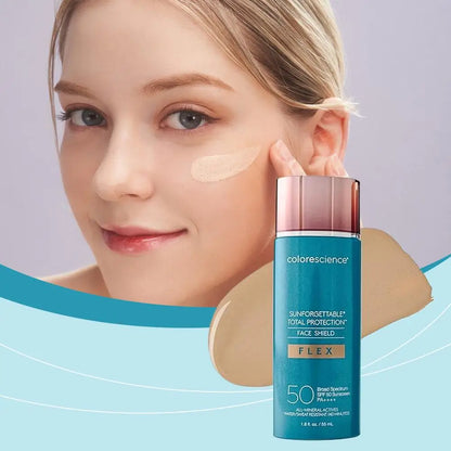 Colorescience SPF 50 tinted sunscreen turquoise bottle with cheek swatch on Tampa Home & Garden Store