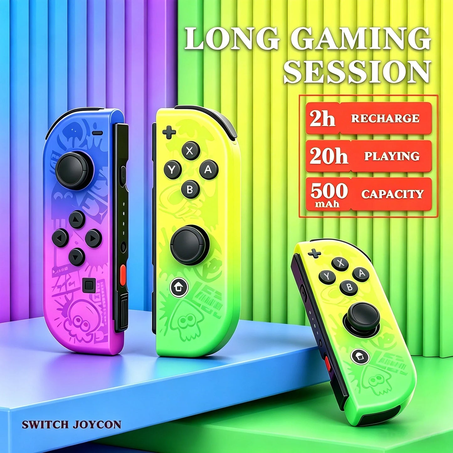 Joy-Con wireless controllers in blue, purple, yellow, green against a rainbow background on Tampa Home & Garden Store