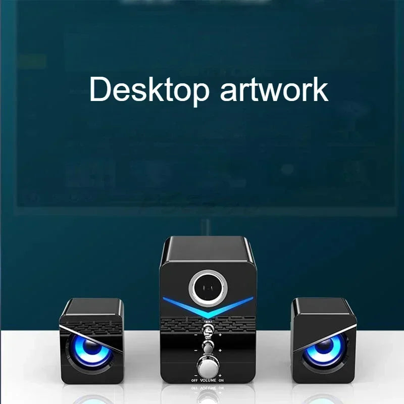 USB desktop speakers with built-in mic, black 3-piece wired stereo PC speaker set with blue LED on Tampa Home & Garden Store