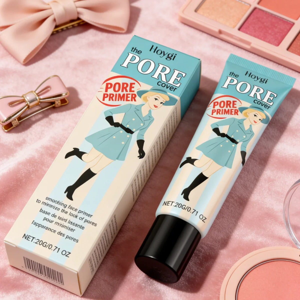Hoygi Pore Primer two-piece pastel teal packaging with cartoon woman illustration on Tampa Home & Garden Store
