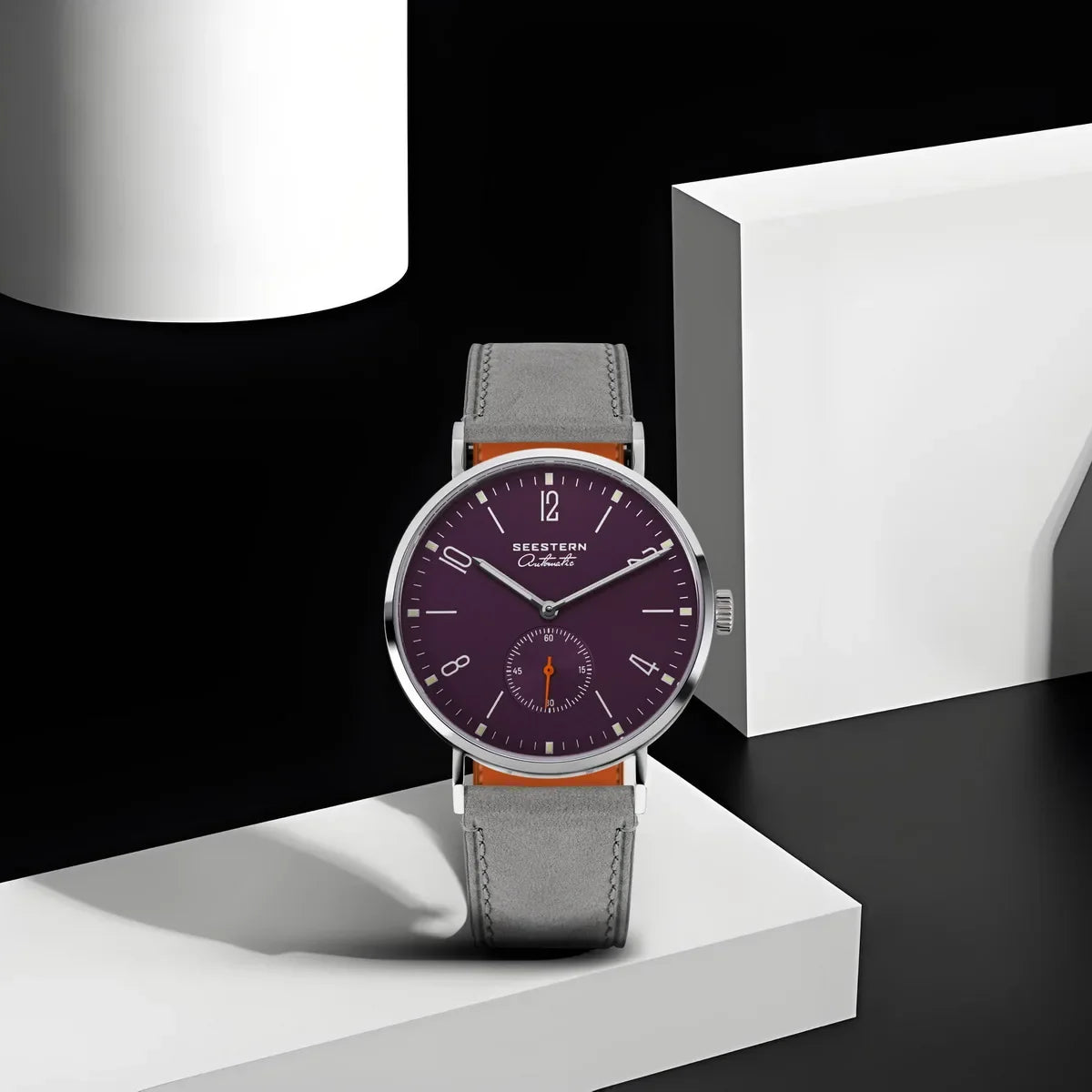 Men's dress watch Seestern with purple dial, silver case, gray leather strap on Tampa Home & Garden Store