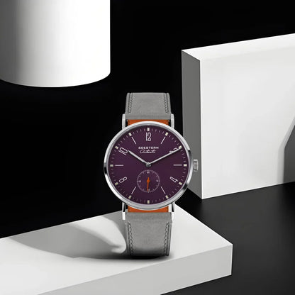 Men's dress watch Seestern with purple dial, silver case, gray leather strap on Tampa Home & Garden Store