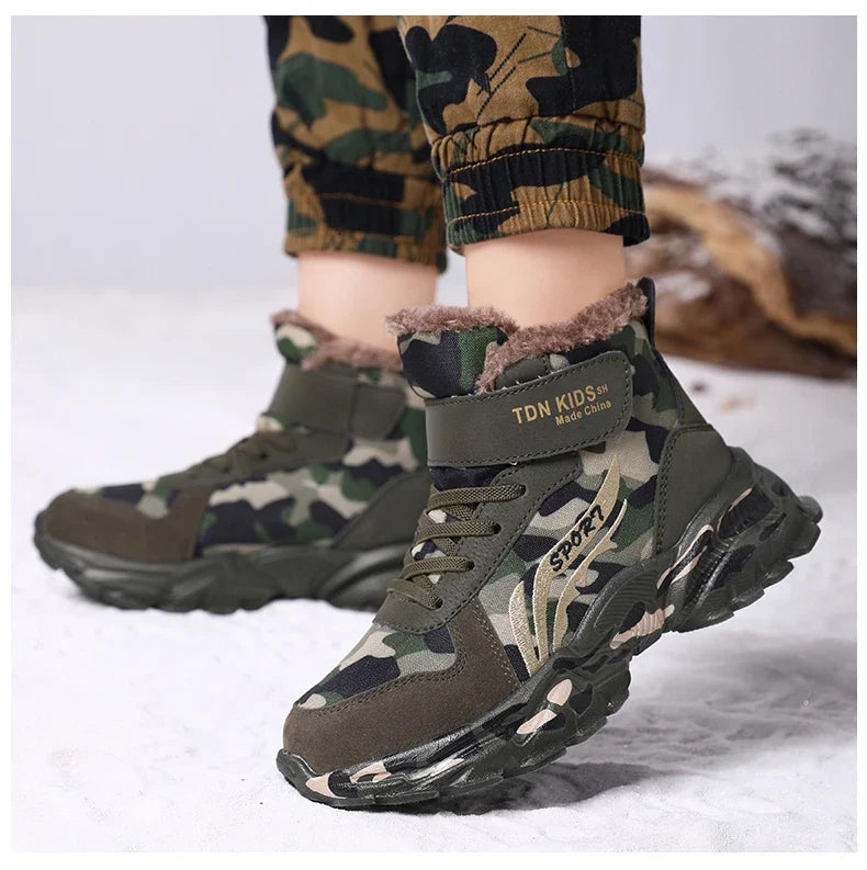 Kids Winter Snow Boots camouflage with plush fur lining and rugged anti-slip sole on Tampa Home & Garden Store