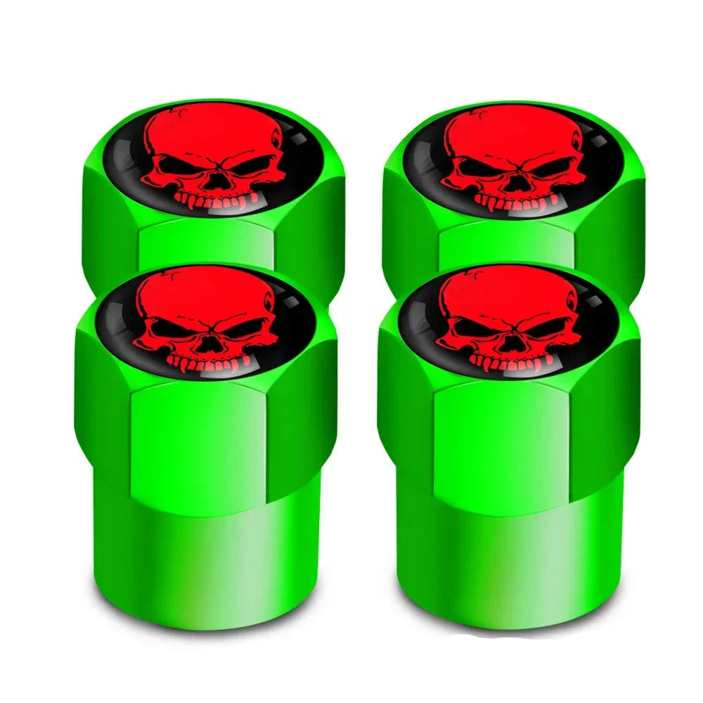 Valve stem caps set of 4, green anodized caps with red skull emblem for motor vehicle tires on Tampa Home & Garden Store