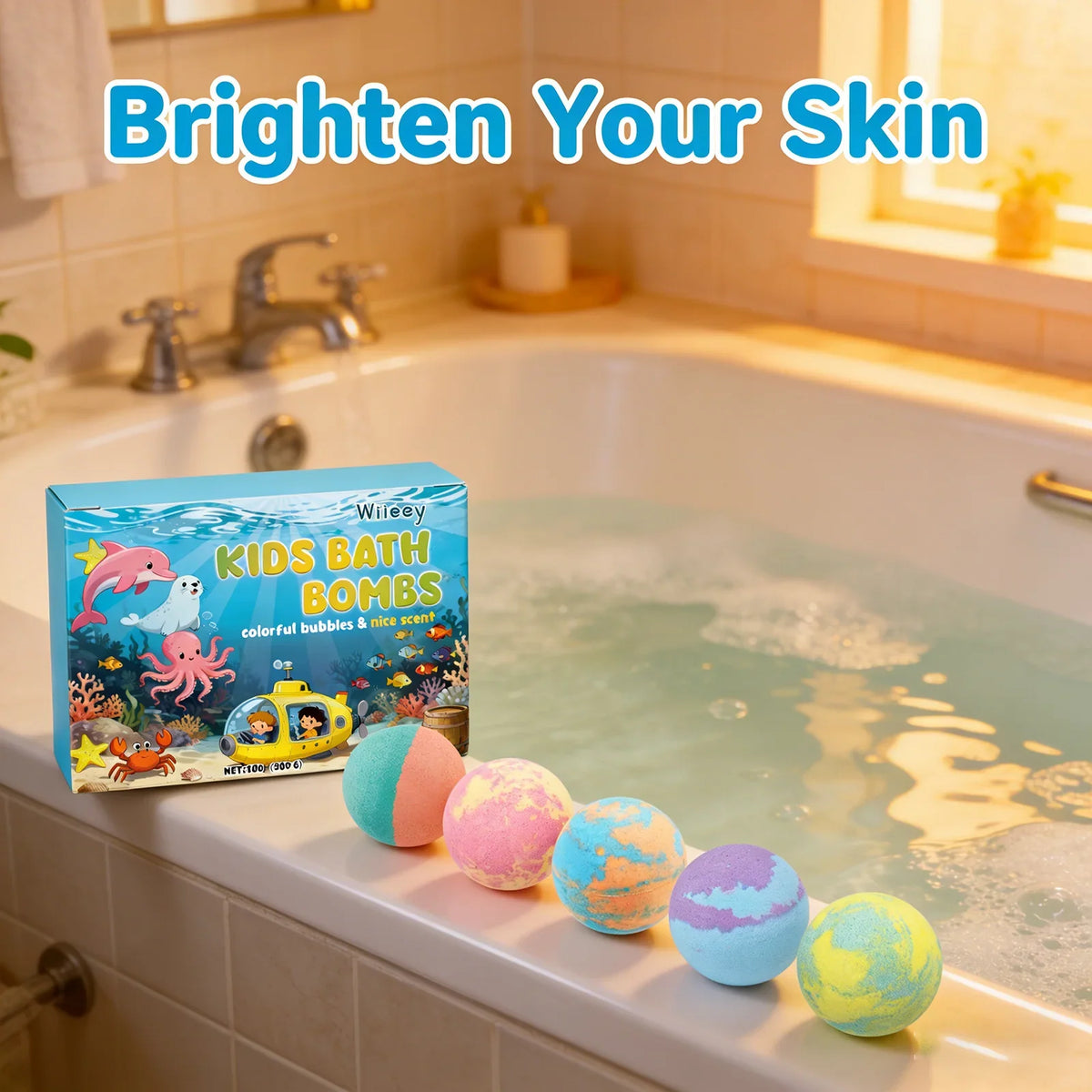 Kids bath bombs box by Silcy Skin with ocean art and pastel spheres on a tub ledge on Tampa Home & Garden Store