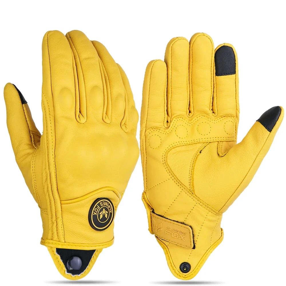 Vintage real leather breathable touch screen motorcycle gloves by BikerZoneZ yellow pair on Tampa Home & Garden Store