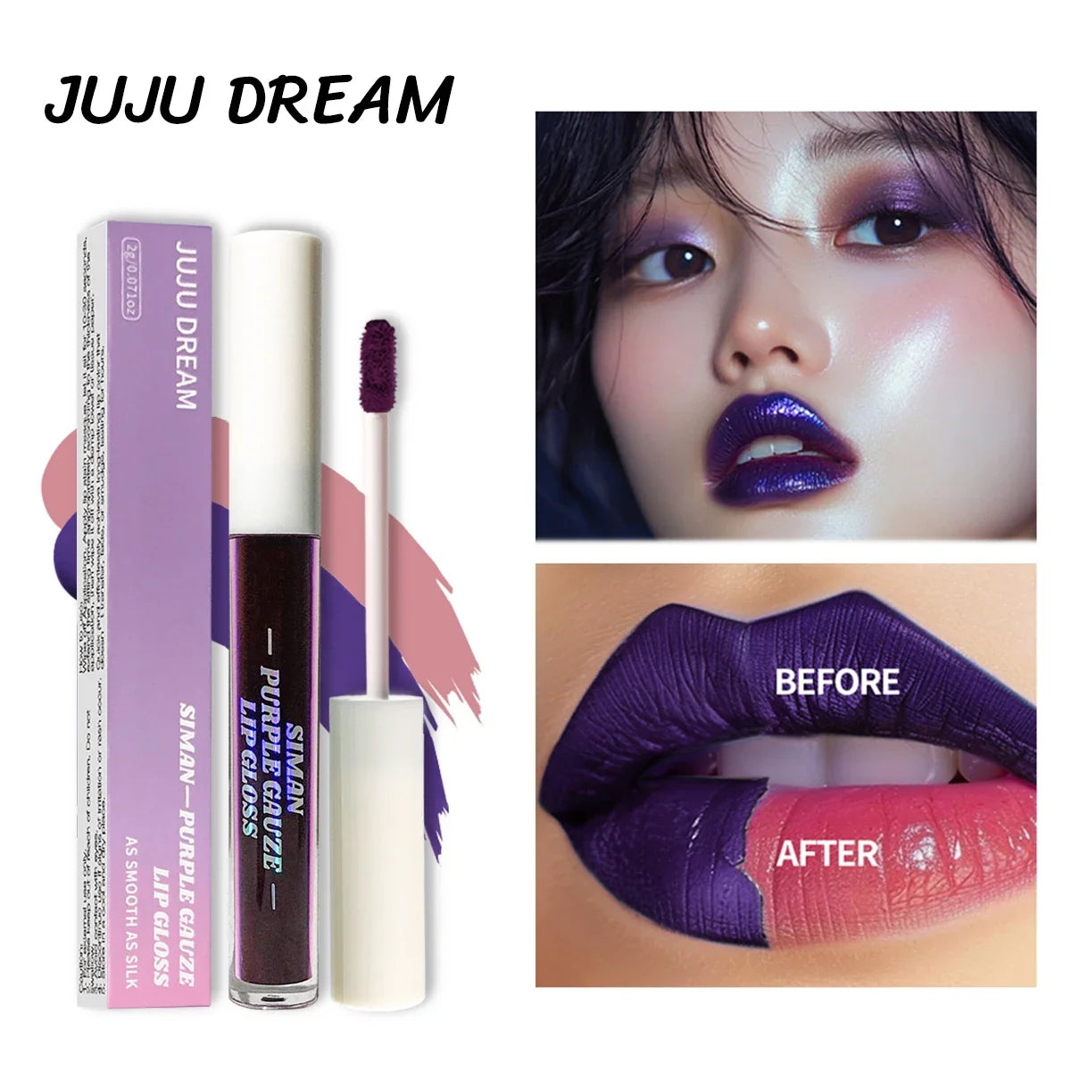 Juju Dream Peel Off Lip Stain Set with purple gloss tube; 3-color packaging; model lips on Tampa Home & Garden Store
