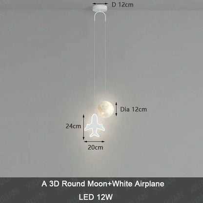 DecorBites Kids Moon+White Airplane pendant lamp with remote dimming, 3D moon + airplane on Tampa Home & Garden Store