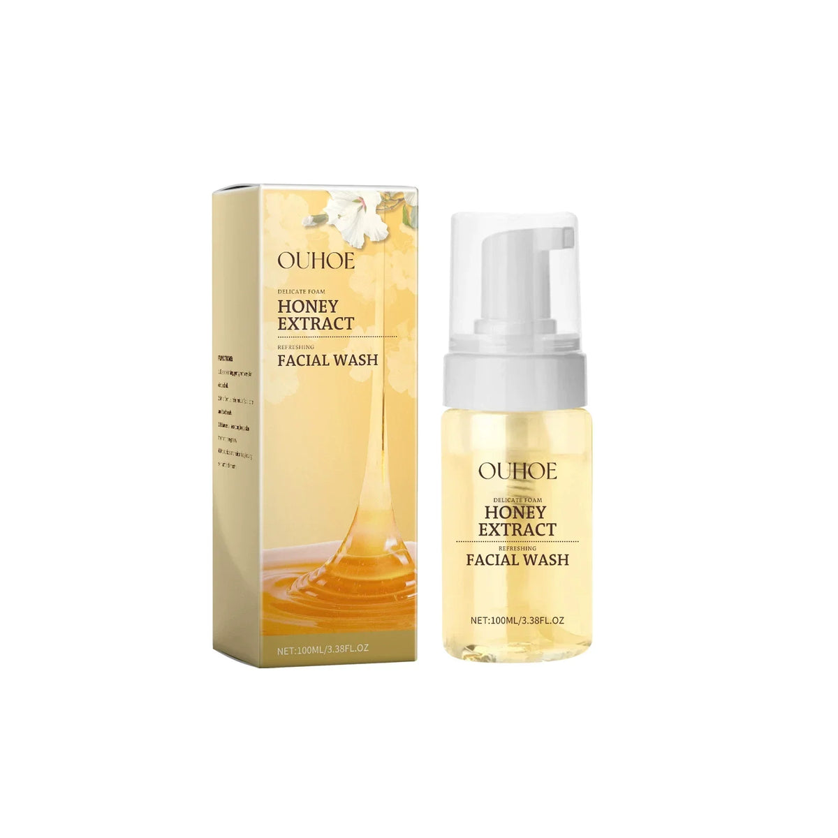 Honey Extract Facial Wash bottle from OUHOE with pump, golden liquid and gold box packaging on Tampa Home & Garden Store