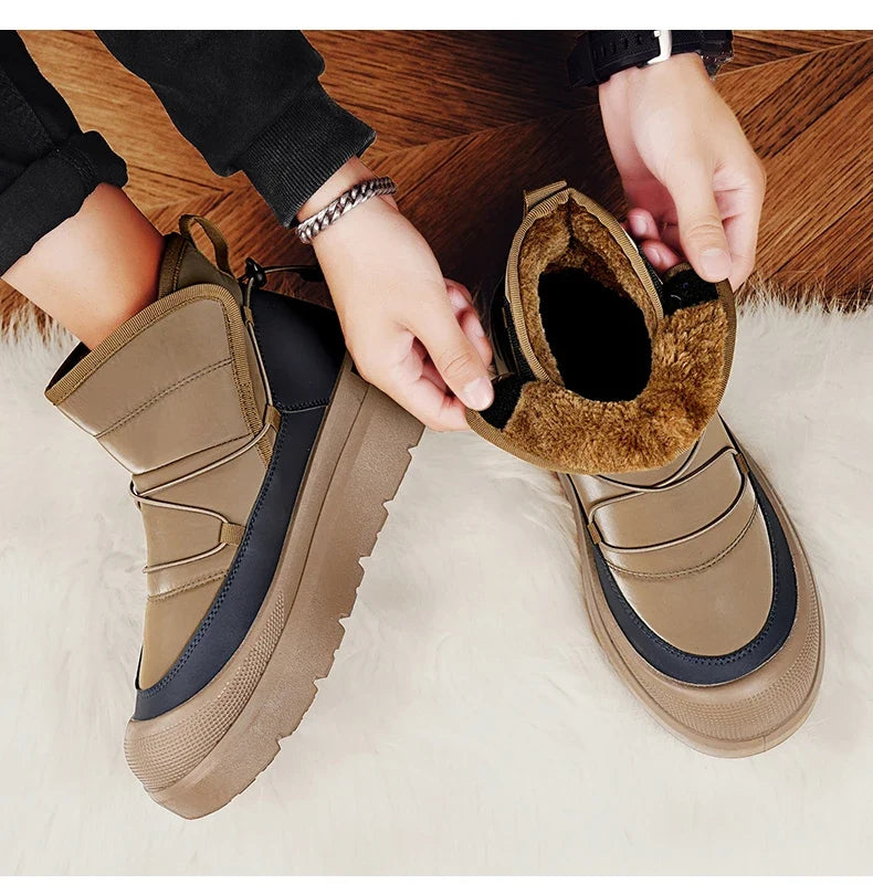 Mens Winter Ankle Boots UpTrend Deals tan with black trim faux fur lining rugged sole on Tampa Home & Garden Store