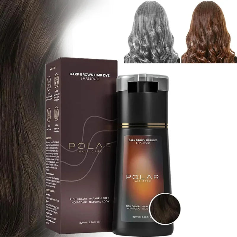 3-in-1 Hair Dye Shampoo bottle, black gradient packaging, Polar Hair Care branding, swatches on Tampa Home & Garden Store