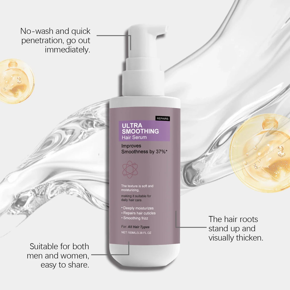 Smoothing Hair Serum bottle, purple label, white pump, Silcy Skin, frizz control on Tampa Home & Garden Store