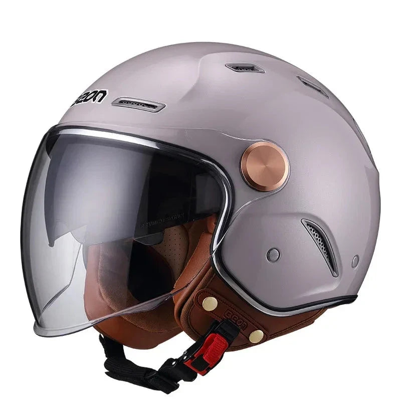 BikerZoneZ retro open-face helmet silver shell with brown leather lining and clear visor on Tampa Home & Garden Store