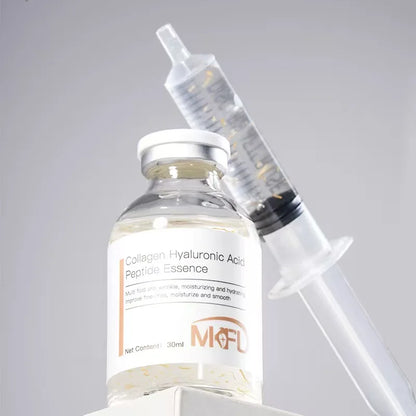 Korean Collagen Silk Serum bottle, clear glass, white cap, 30ml; syringe in background on Tampa Home & Garden Store