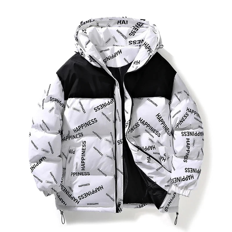 Men Winter Parka UpTrend Deals white cotton-padded hooded coat with black yoke happiness print on Tampa Home & Garden Store