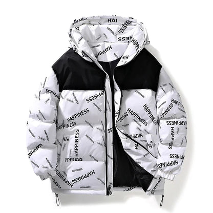 Men Winter Parka UpTrend Deals white cotton-padded hooded coat with black yoke happiness print on Tampa Home & Garden Store