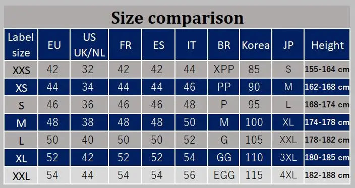 Men's Winter Jacket UpTrend Deals size chart with EU/US/JP sizes and height ranges on Tampa Home & Garden Store