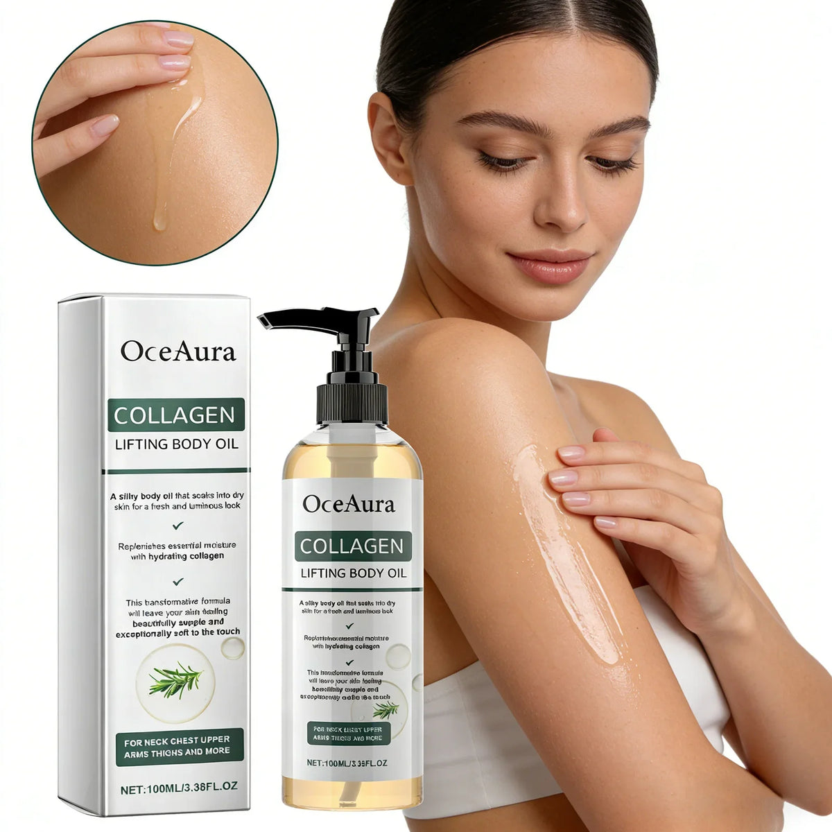 OceAura Collagen Lifting Body Oil bottle with rosemary, applied to shoulder on Tampa Store on Tampa Home & Garden Store