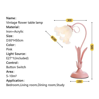 Perfecsy vintage flower desk lamp pink metal with cream acrylic shade for home bedroom on Tampa Home & Garden Store