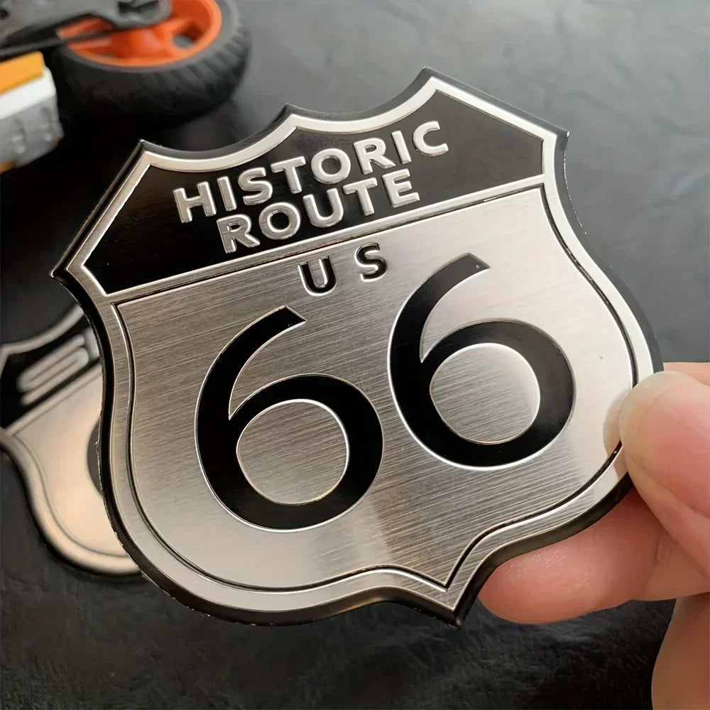 Aluminum 3D Route 66 shield sticker with black top and brushed silver field on Tampa Home & Garden Store