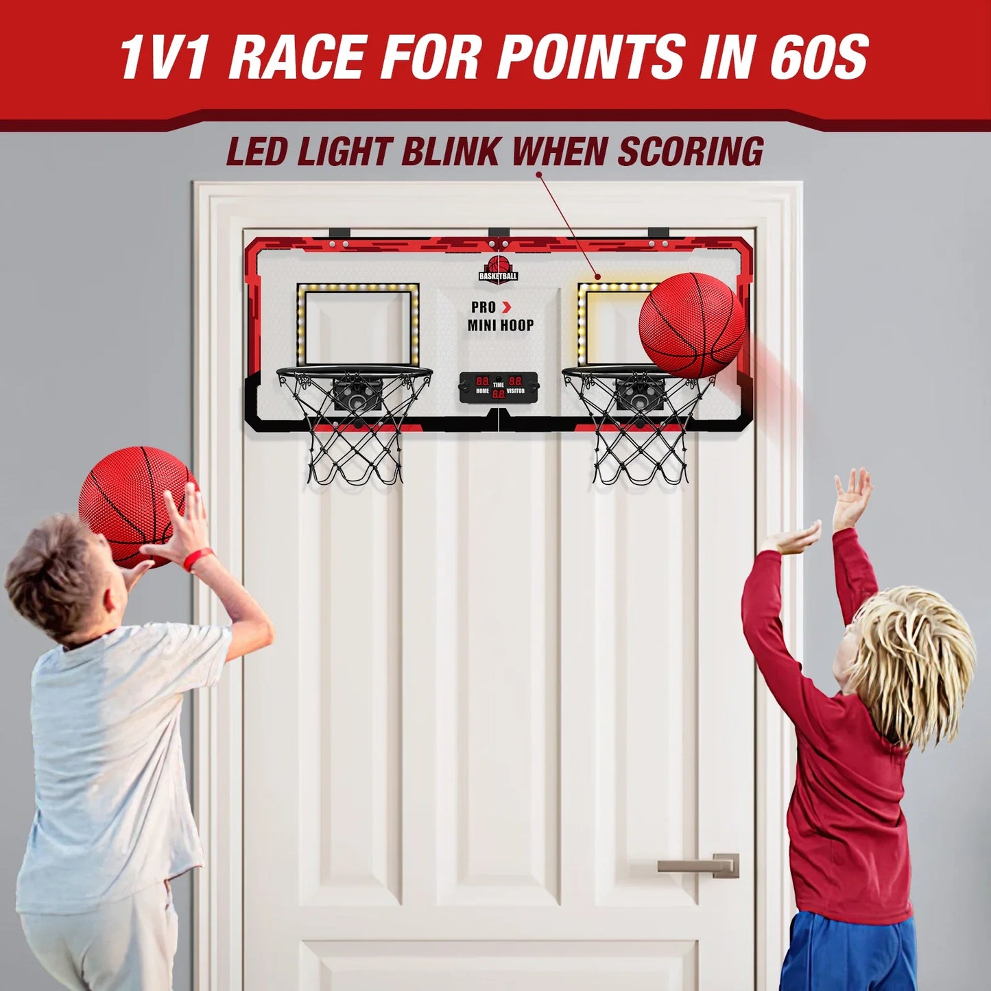 Double kids basketball hoop set with LED backboard and two mini rims on a doorway on Tampa Home & Garden Store