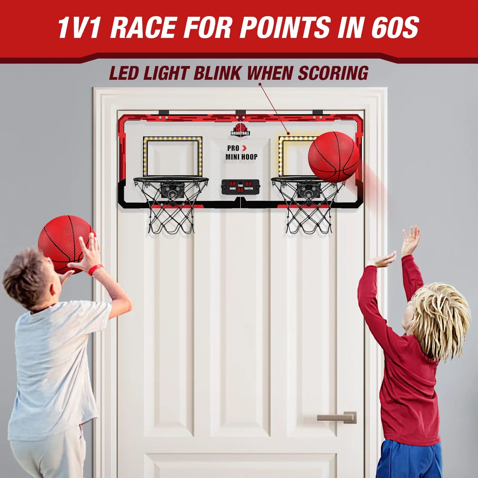 Double kids basketball hoop set with LED backboard and two mini rims on a doorway on Tampa Home & Garden Store