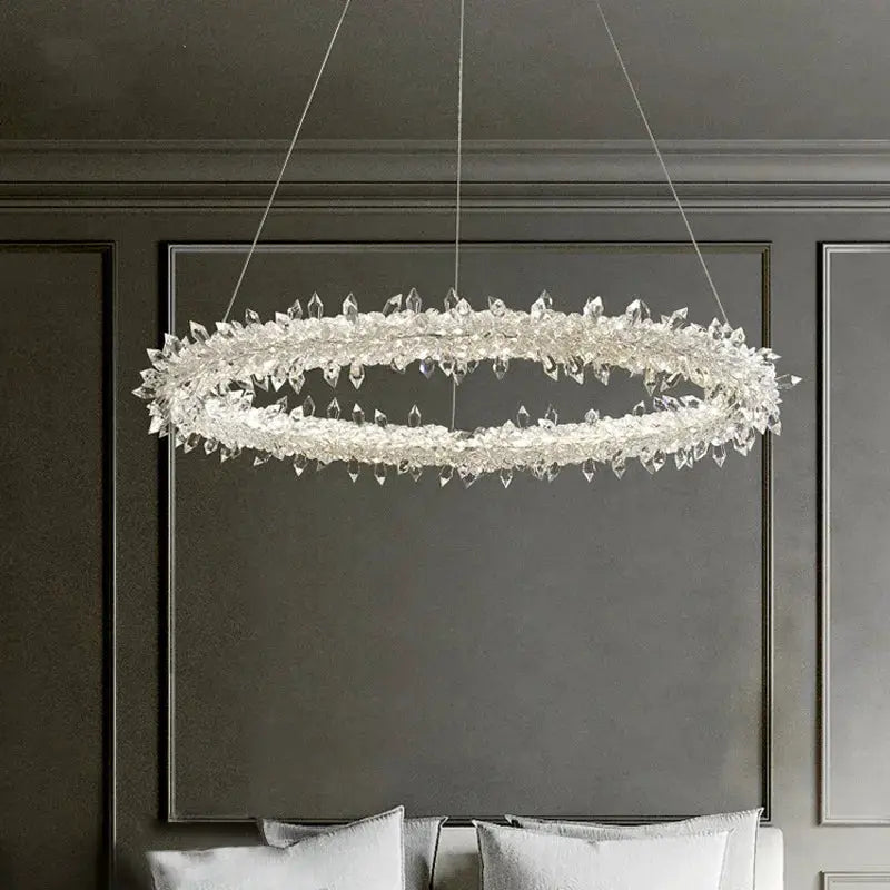 Decorbites Luxe Crystal Pendant Light circular chandelier with clear prisms, dimmable LED on Tampa Home & Garden Store