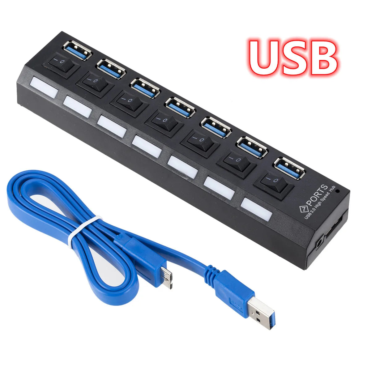 Black 7-port USB 3.0 hub with power adapter and blue USB cable on Tampa Home & Garden Store