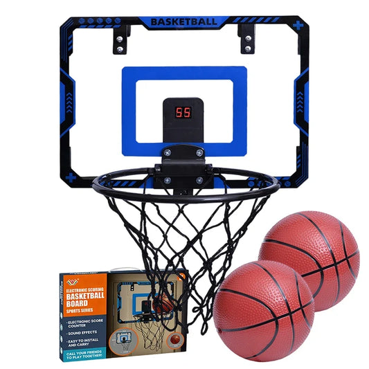 Wall mounted basketball hoop with digital scoreboard, blue backboard and 2 red balls on Tampa Home & Garden Store