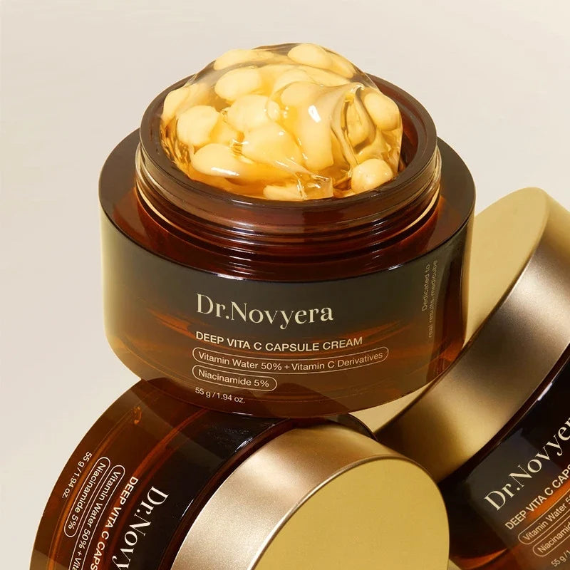 Dr.Novvera Deep Vita C Capsule Cream in jar with lid and vitamin C capsules, 3 jars on surface on Tampa Home & Garden Store