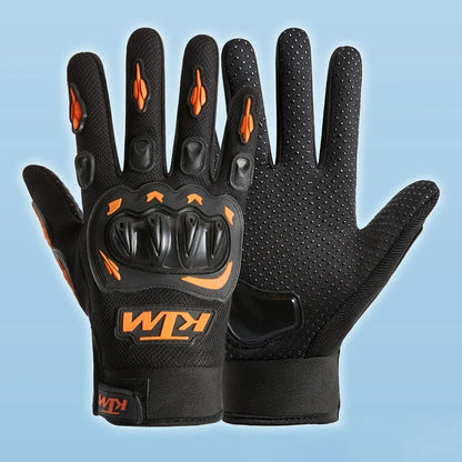 Waterproof motorcycle gloves BikerZoneZ with orange knuckle guards and dotted anti-slip palm on Tampa Home & Garden Store