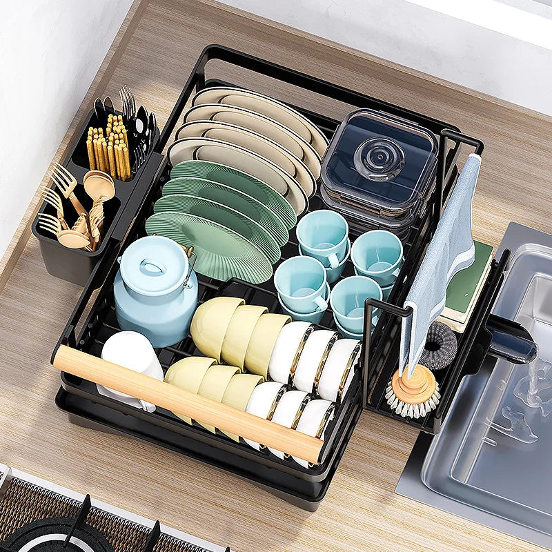 DecorBites™ Kitchen Sink Organizer dish drying rack in black metal with plates and mugs on Tampa Home & Garden Store