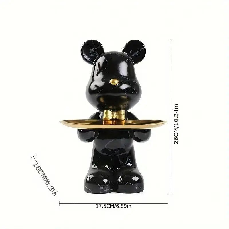 Graffiti Abstract Resin Standing Bear with gold tray, black marble finish, 26 cm tall on Tampa Home & Garden Store