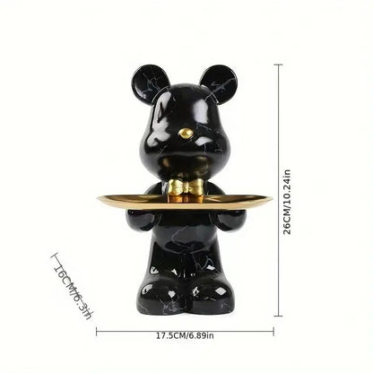 Graffiti Abstract Resin Standing Bear with gold tray, black marble finish, 26 cm tall on Tampa Home & Garden Store