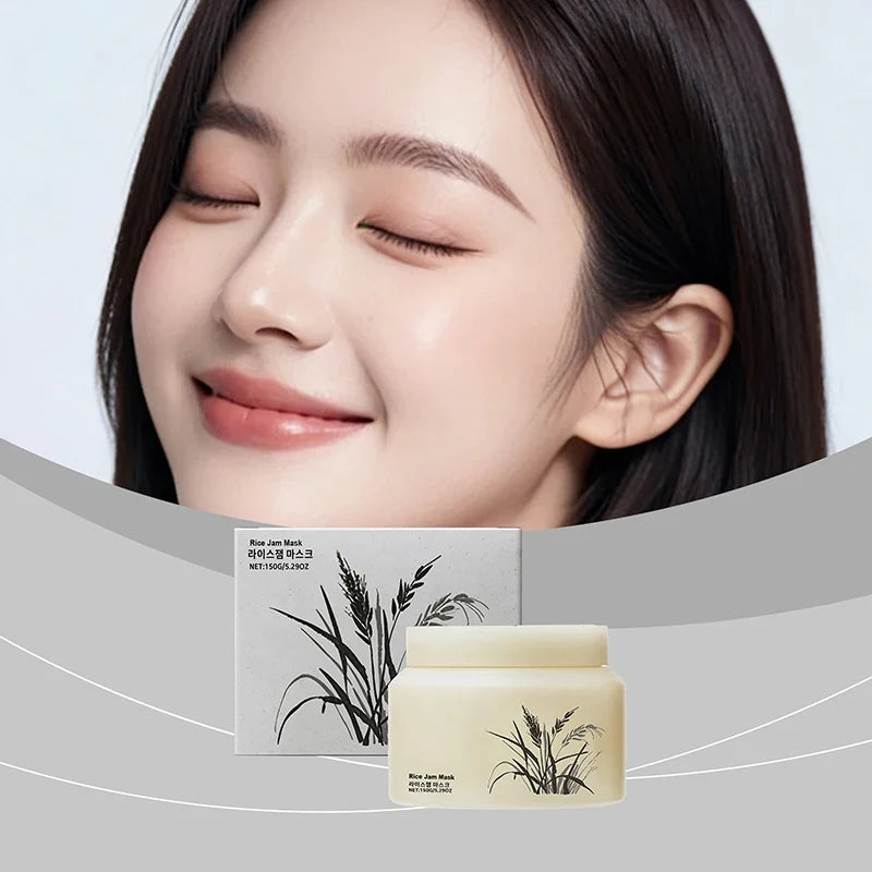 Rice Jam Mask by Silcy Skin creamy beige jar with rice plant illustration beside matching box on Tampa Home & Garden Store