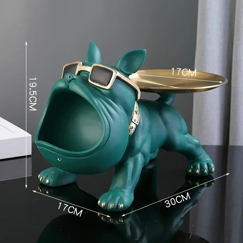 Perfecsy teal bulldog figurine with gold back tray, resin decor key storage box on Tampa Home & Garden Store