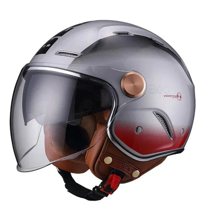 Retro open-face motorcycle helmet in silver-gray with clear visor Vortex logo on Tampa Home & Garden Store