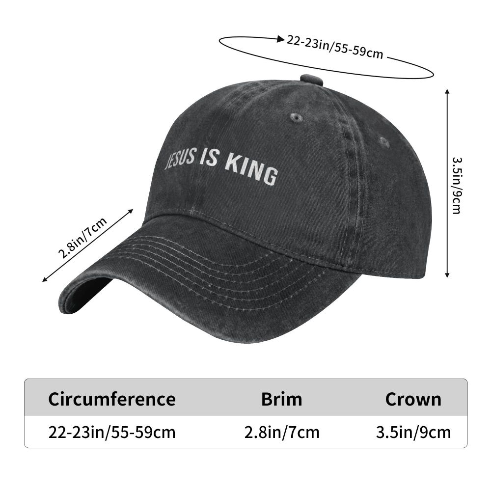 King Caps hat in washed black with JESUS IS KING slogan, adjustable fit, curved brim 2.8in on Tampa Home & Garden Store