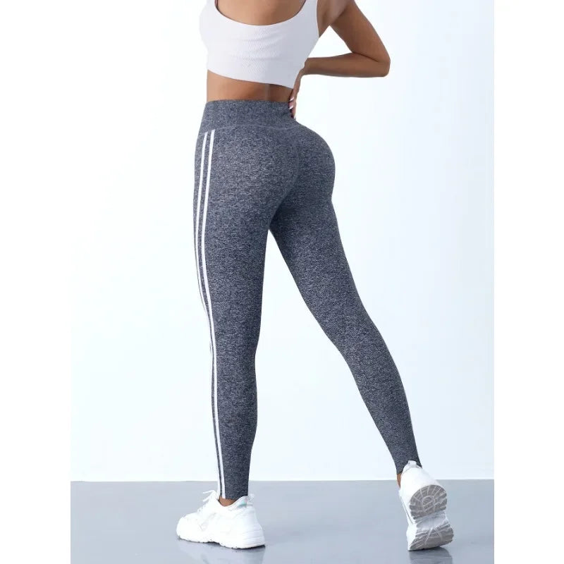 Striped yoga leggings by UpTrend Deals, gray with white side stripes, high-rise slim on Tampa Home & Garden Store