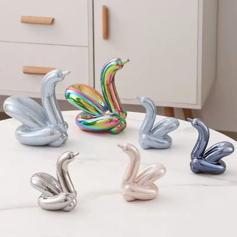 Ceramic balloon swan figurines set of 6 in rainbow silver blue pink by Perfecsy on Tampa Home & Garden Store
