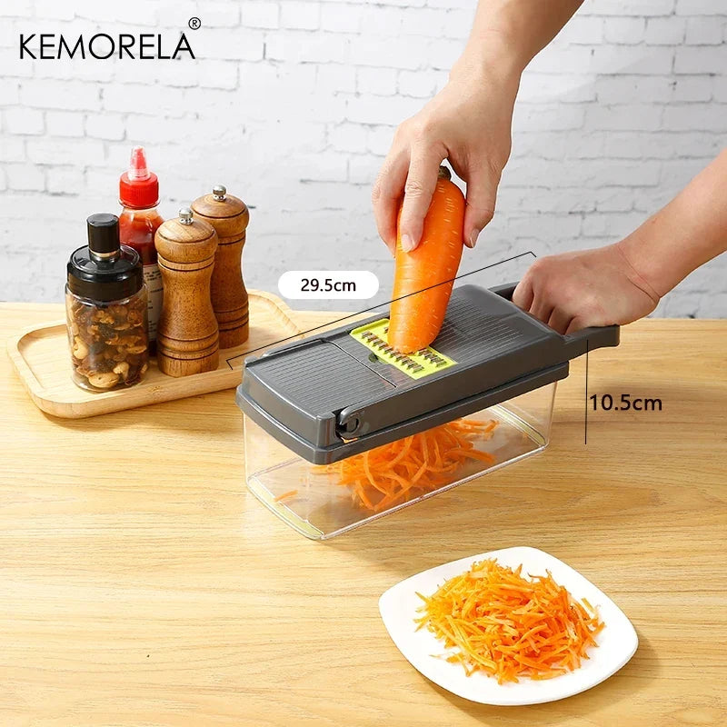 KEMORELA 14/16-in-1 vegetable chopper with gray lid and clear bin for grating carrots on Tampa Home & Garden Store