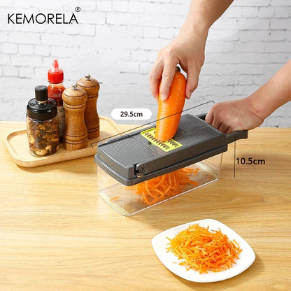 KEMORELA 14/16-in-1 vegetable chopper with gray lid and clear bin for grating carrots on Tampa Home & Garden Store