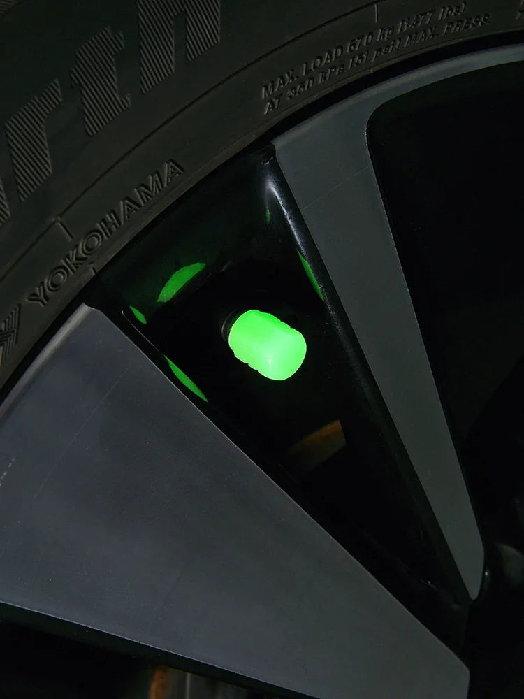 Luminous valve stem caps glowing green on car wheel dustproof on Tampa Home & Garden Store